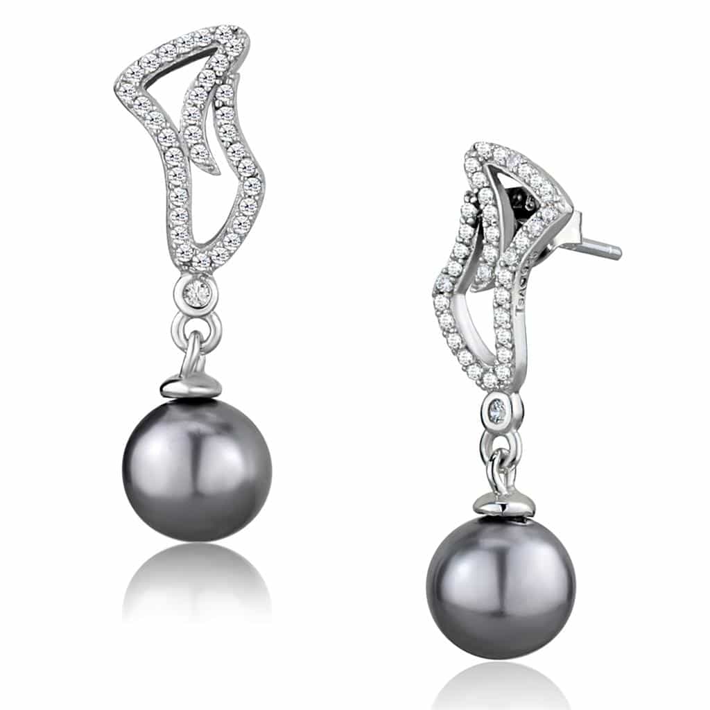 Sterling Silver CZ Wave Grey Tahitian Pearl Drop Earrings view 3