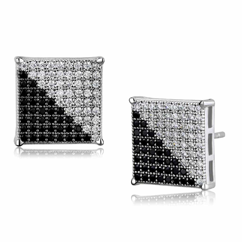 Sterling Silver Black White CZ Pave Square Frame Stud Earrings view 3