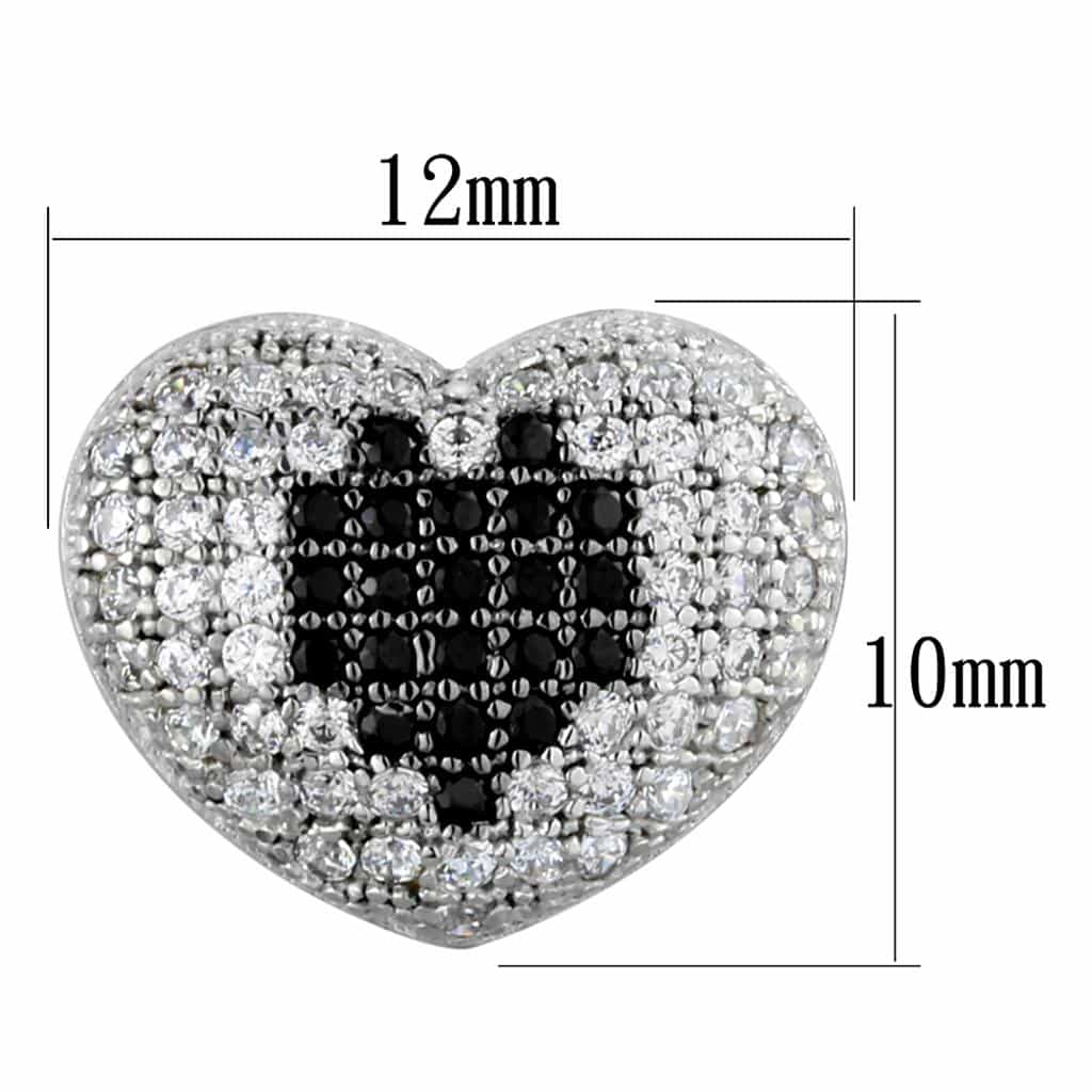 Sterling Silver Black White CZ Pave Heart Stud Earrings view 2