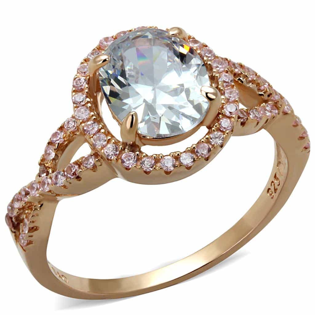 Sterling Silver Rose Gold CZ Oval Halo Pave Ring view 10