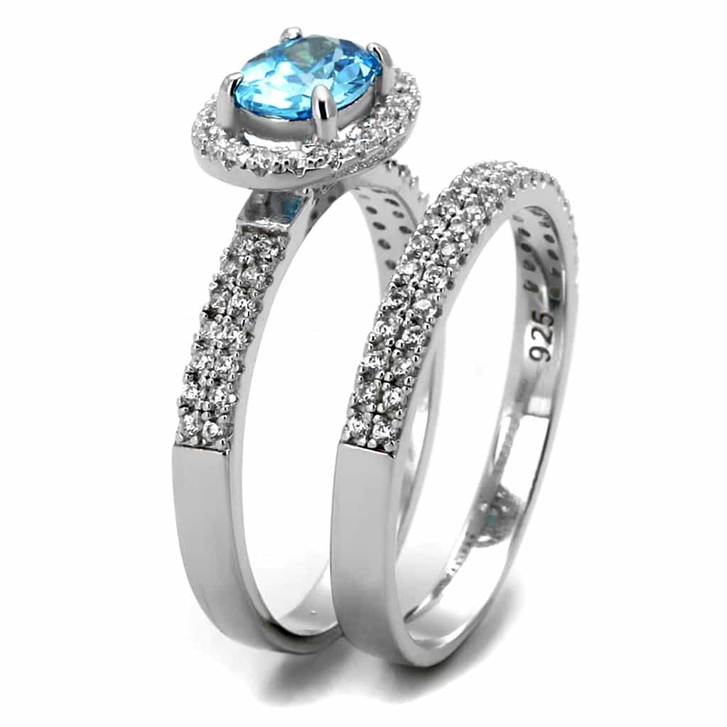 Sterling Silver Blue Topaz Oval Pave Bridal Set Ring view 10