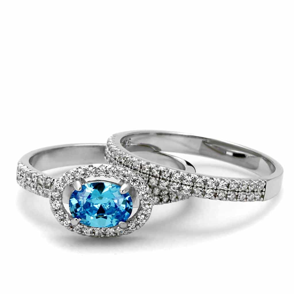 Sterling Silver Blue Topaz Oval Pave Bridal Set Ring view 11