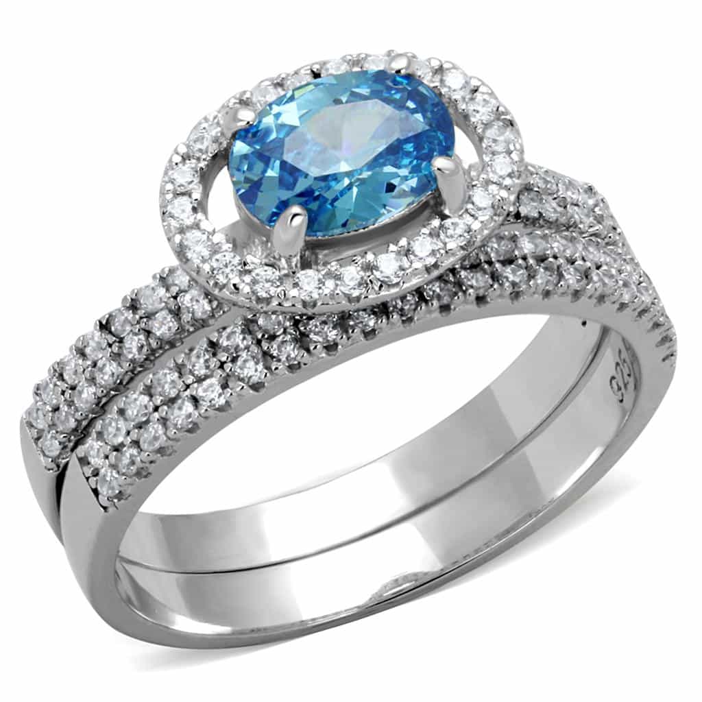 Sterling Silver Blue Topaz Oval Pave Bridal Set Ring view 12