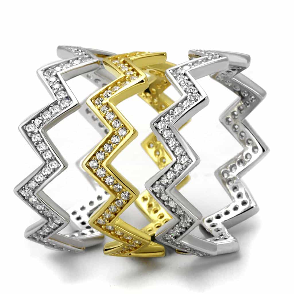 Sterling Silver Gold Two Tone CZ Zigzag Chevron Stack Triple Ring view 4