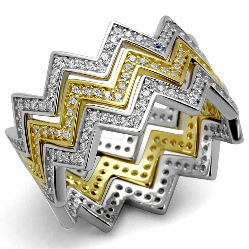 Sterling Silver Gold Two Tone CZ Zigzag Chevron Stack Triple Ring view 5
