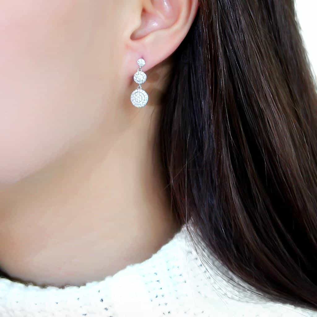Sterling Silver CZ Pave Triple Circle Halo Drop Earrings view 3