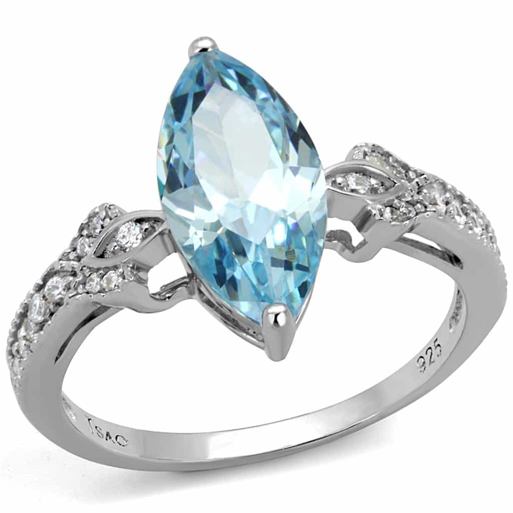 Sterling Silver Aqua CZ Marquise Large Halo Pave Ring view 5
