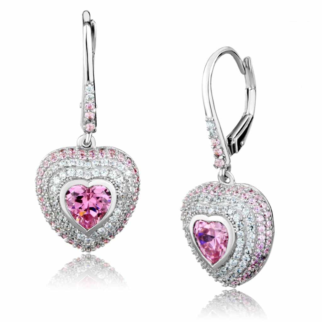 Sterling Silver Pink CZ Heart Triple Halo Leverback Drop Earrings view 3
