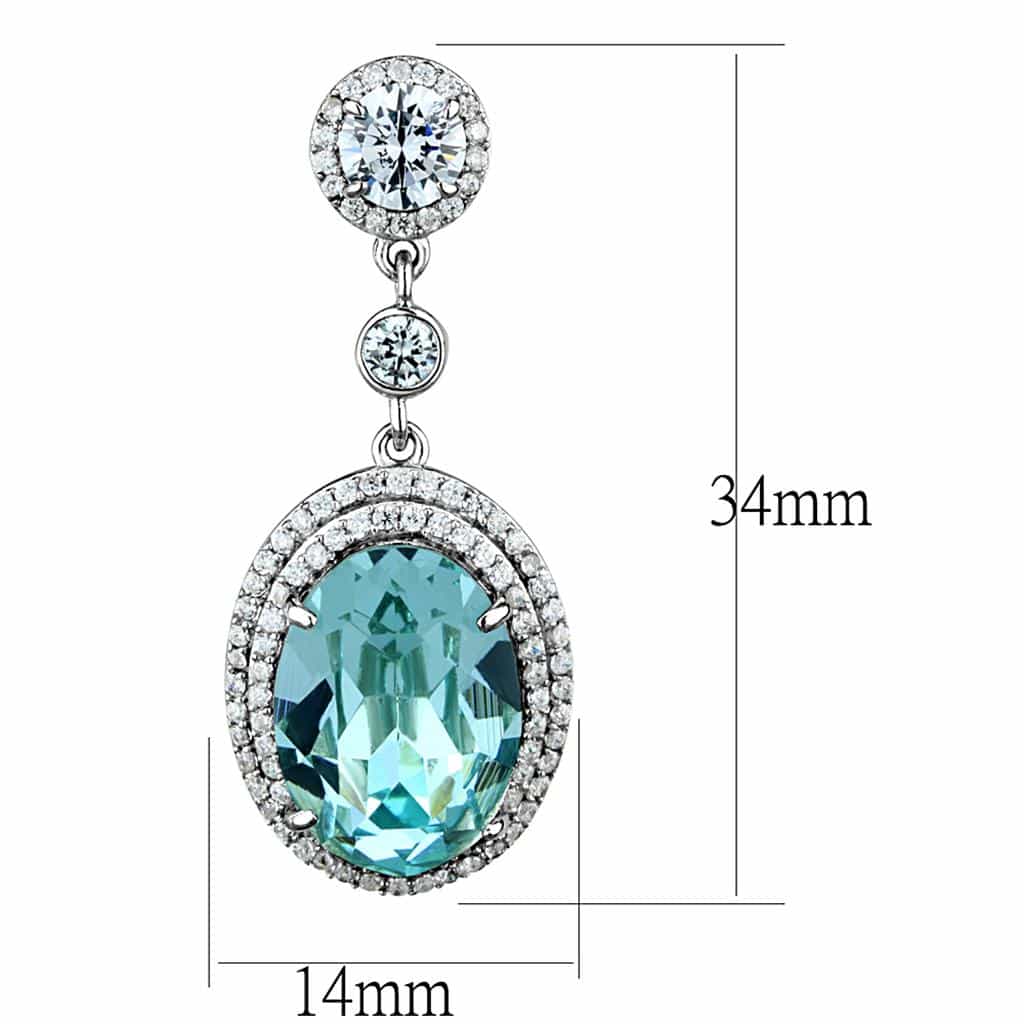 Sterling Silver Aqua CZ Oval Double Halo Drop Earrings view 2