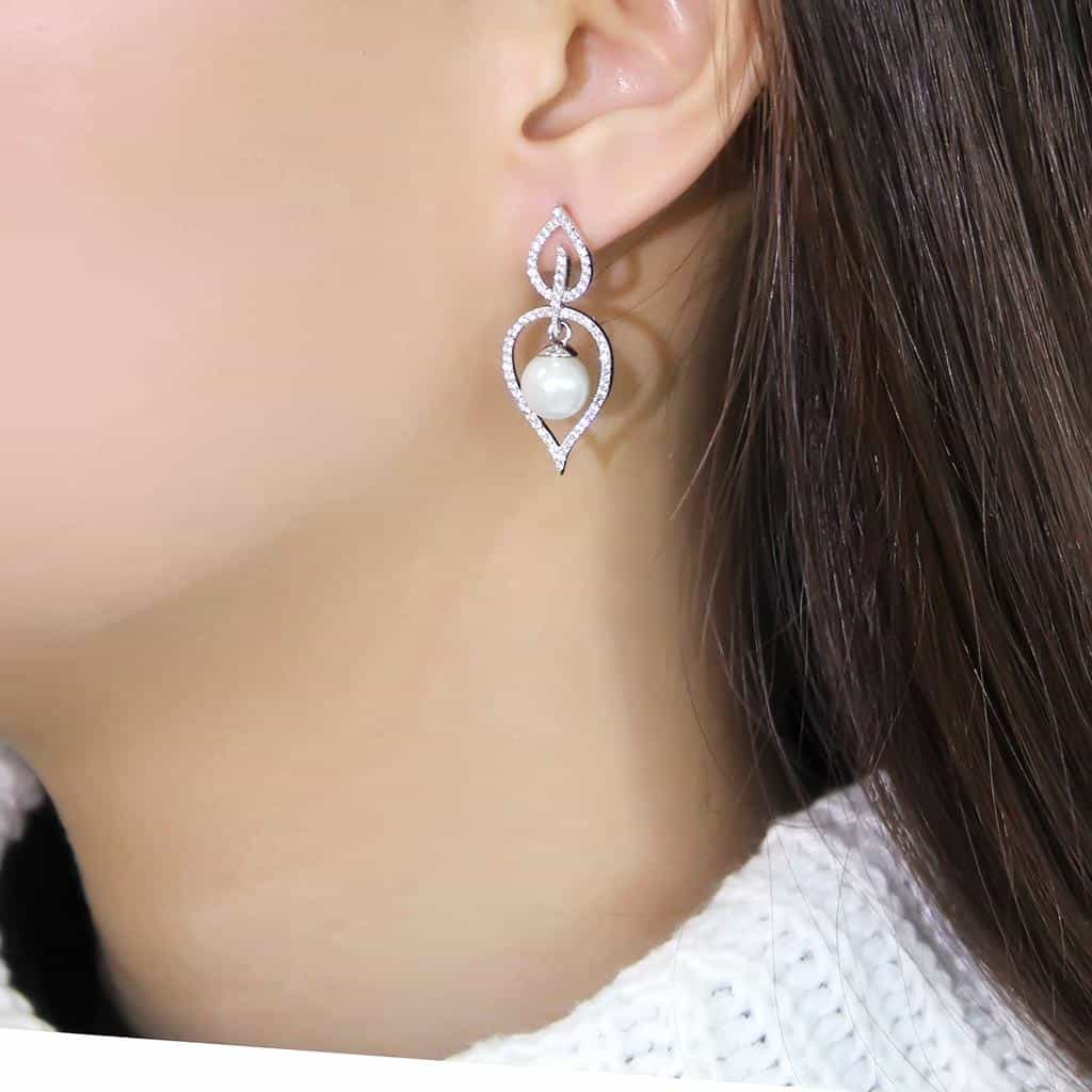 Sterling Silver CZ Open Teardrop Pearl Drop Earrings view 4