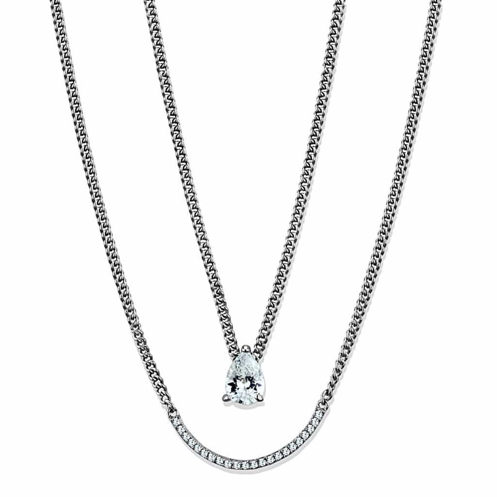 Sterling Silver CZ Pear Solitaire Double Chain Layered Necklace view 6
