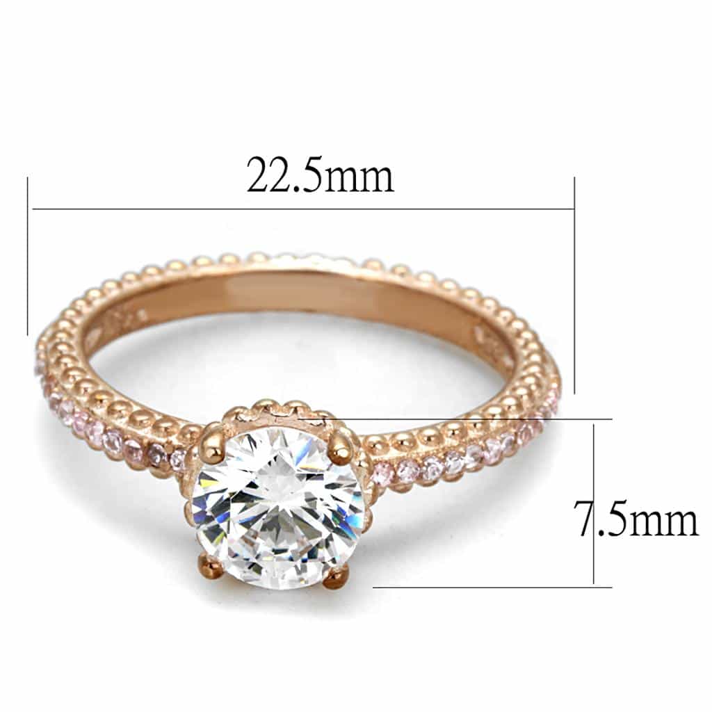 Sterling Silver Rose Gold CZ Round Solitaire Beaded Pave Ring view 2