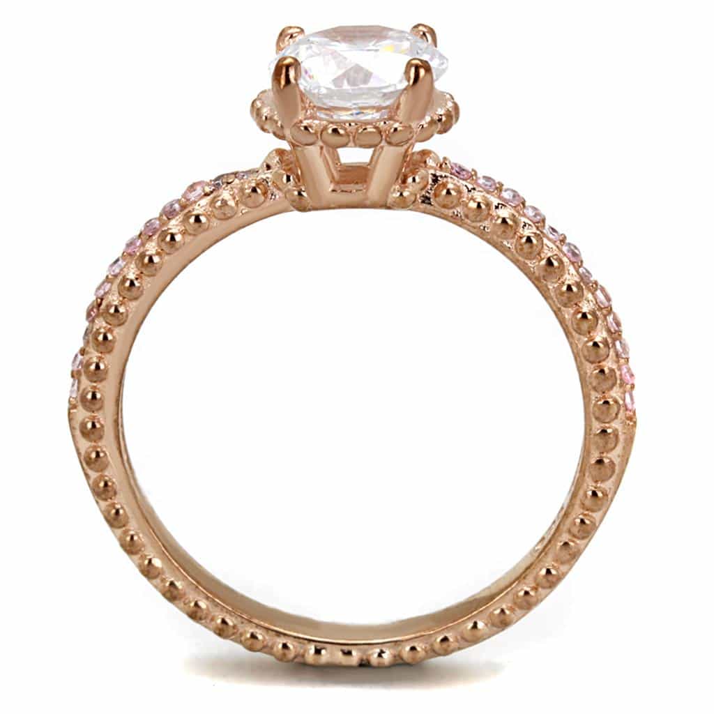 Sterling Silver Rose Gold CZ Round Solitaire Beaded Pave Ring view 8
