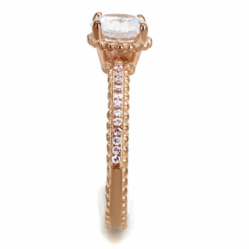 Sterling Silver Rose Gold CZ Round Solitaire Beaded Pave Ring view 4