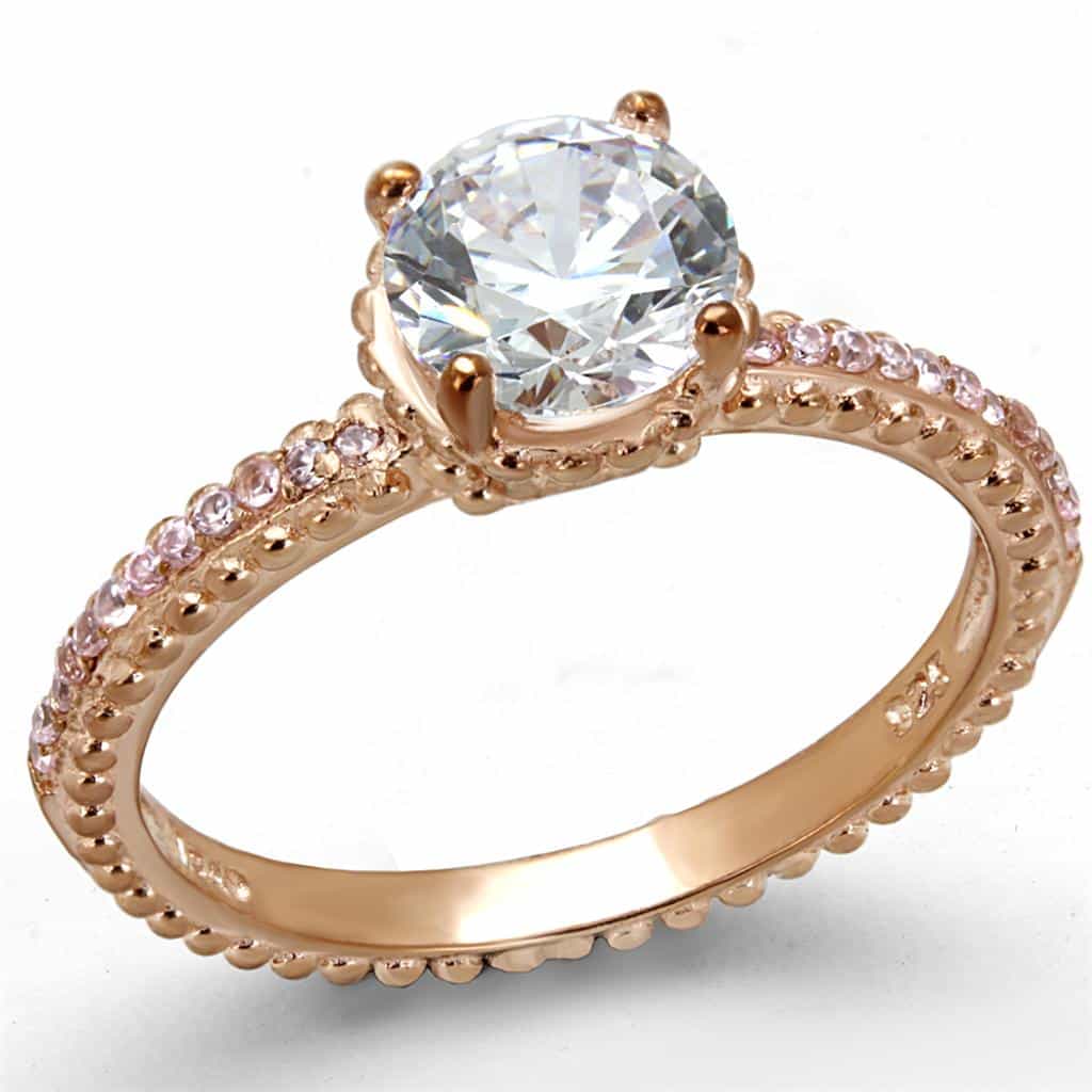 Sterling Silver Rose Gold CZ Round Solitaire Beaded Pave Ring view 5