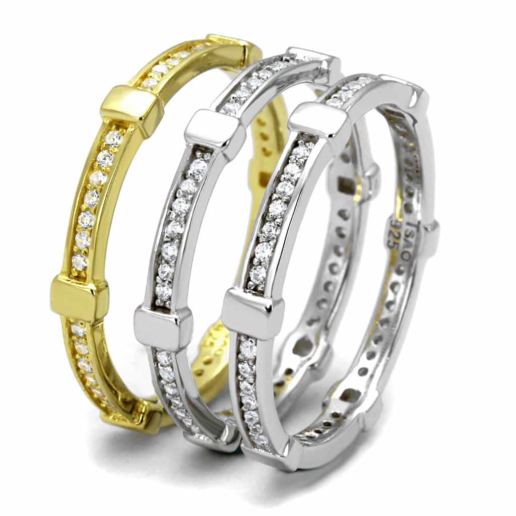 Sterling Silver Gold Two Tone Black CZ Channel Triple Stack Ring view 4