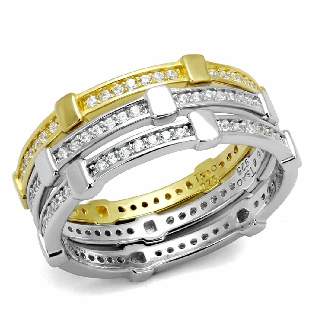 Sterling Silver Gold Two Tone Black CZ Channel Triple Stack Ring view 5
