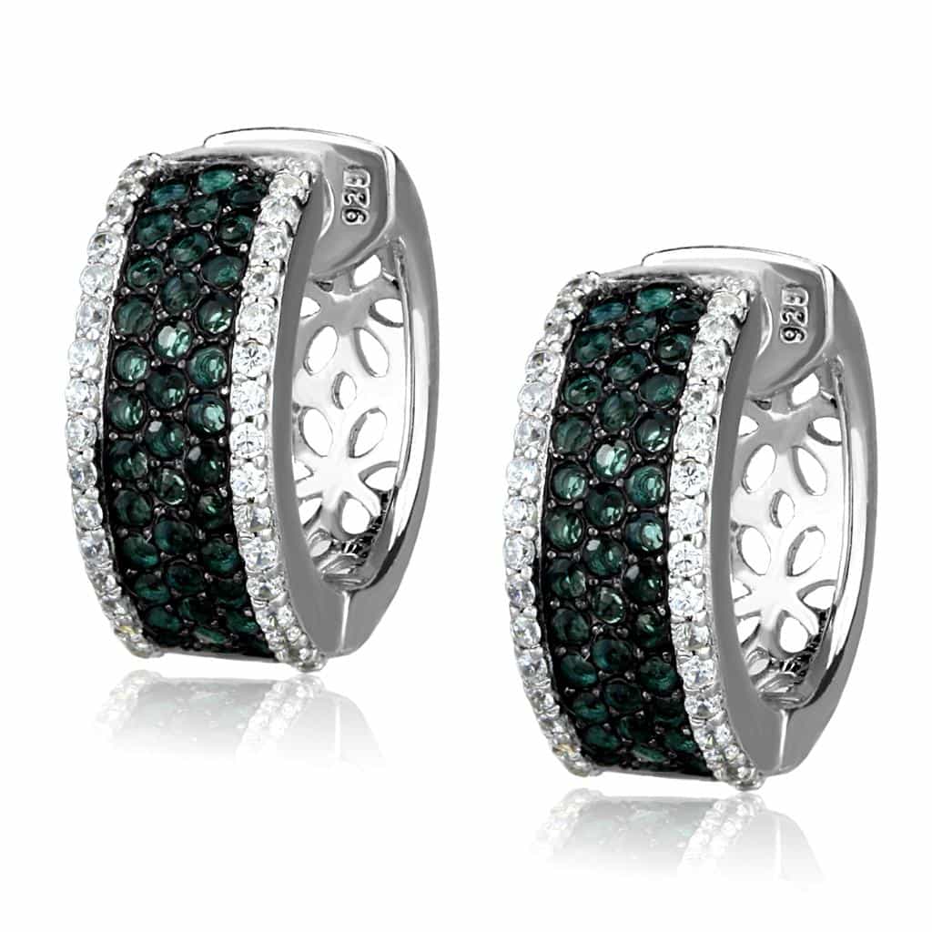 Sterling Silver Green Emerald CZ Pave Wide Huggie Hoop Earrings view 3