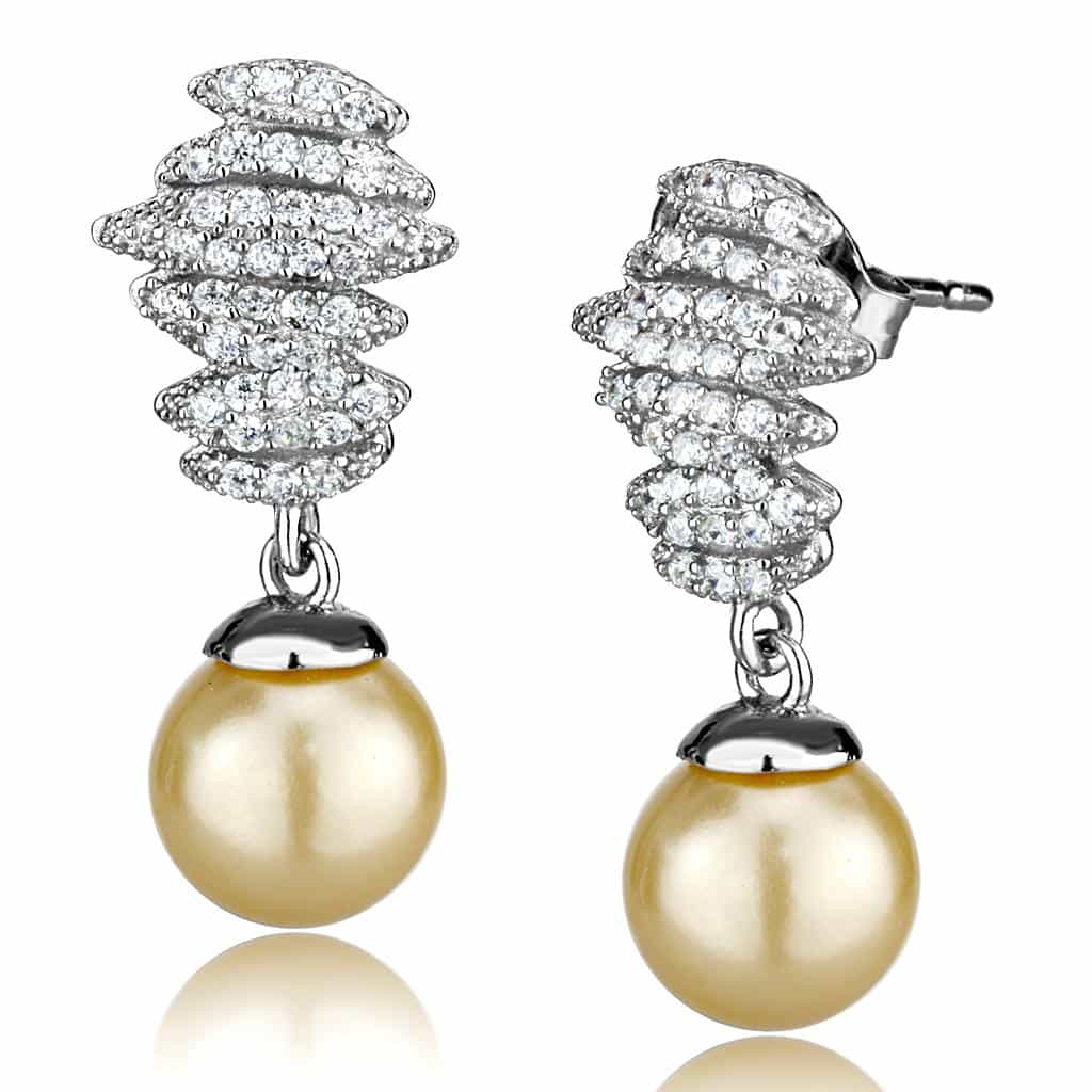 Sterling Silver CZ Pave Wave Pearl Drop Stud Earrings view 3