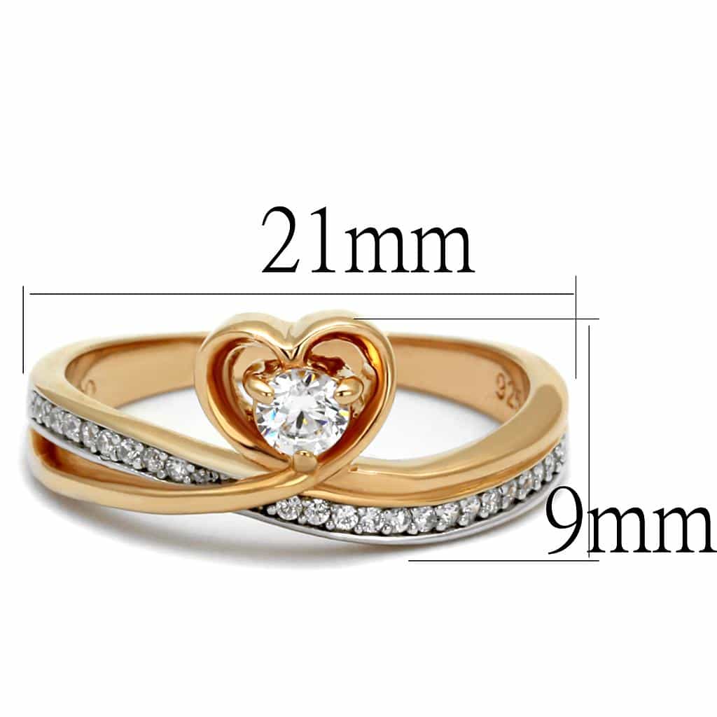 Sterling Silver Rose Gold CZ Heart Solitaire Pave Ring view 2
