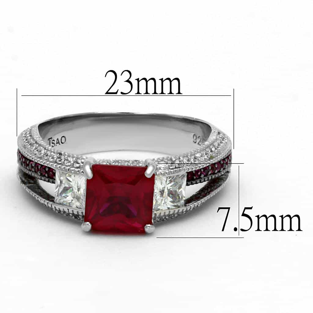 Sterling Silver Ruby Princess Three Stone Milgrain Pave Ring view 7