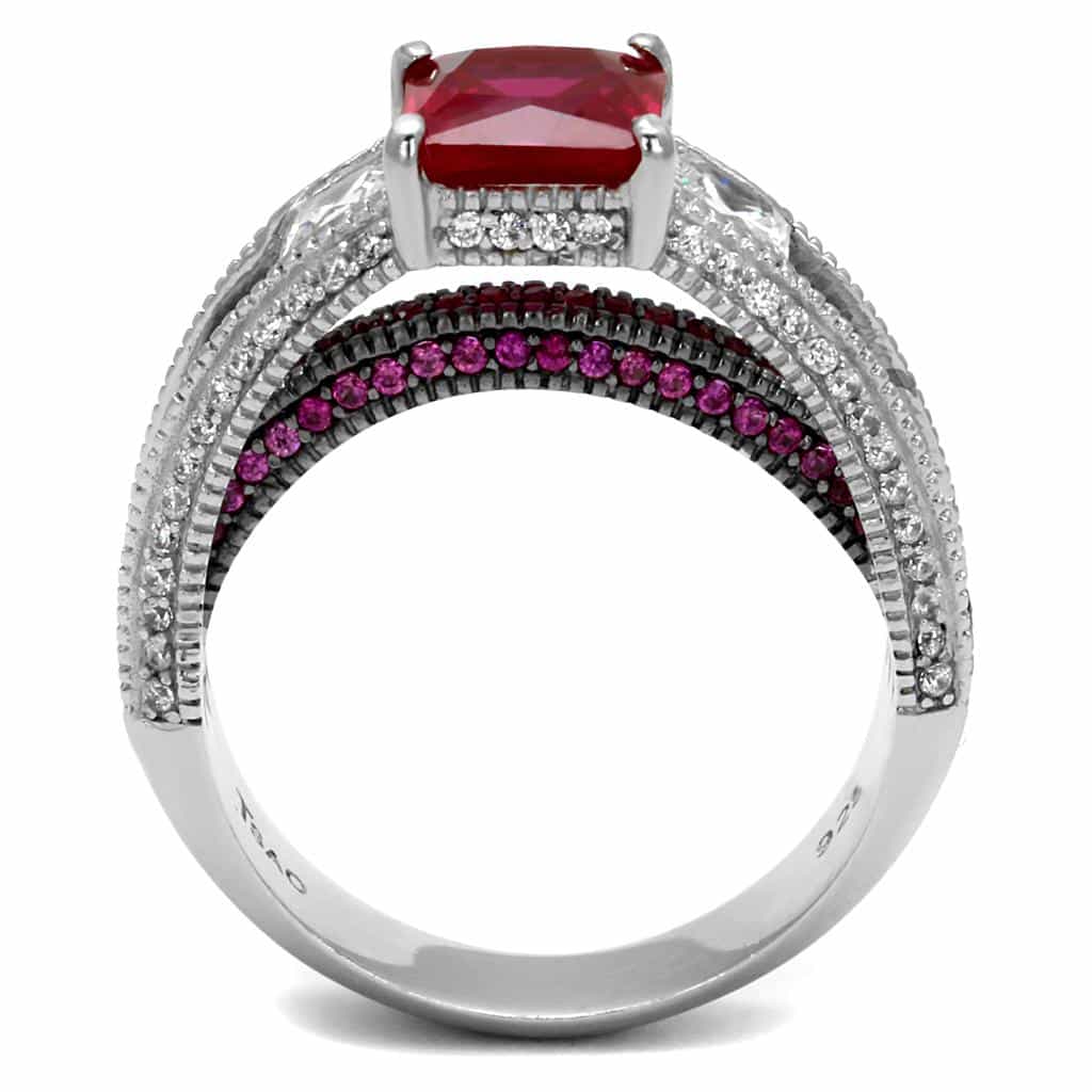 Sterling Silver Ruby Princess Three Stone Milgrain Pave Ring view 3