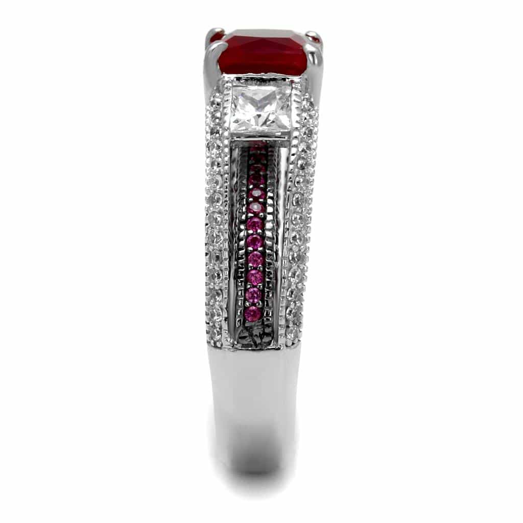Sterling Silver Ruby Princess Three Stone Milgrain Pave Ring view 9