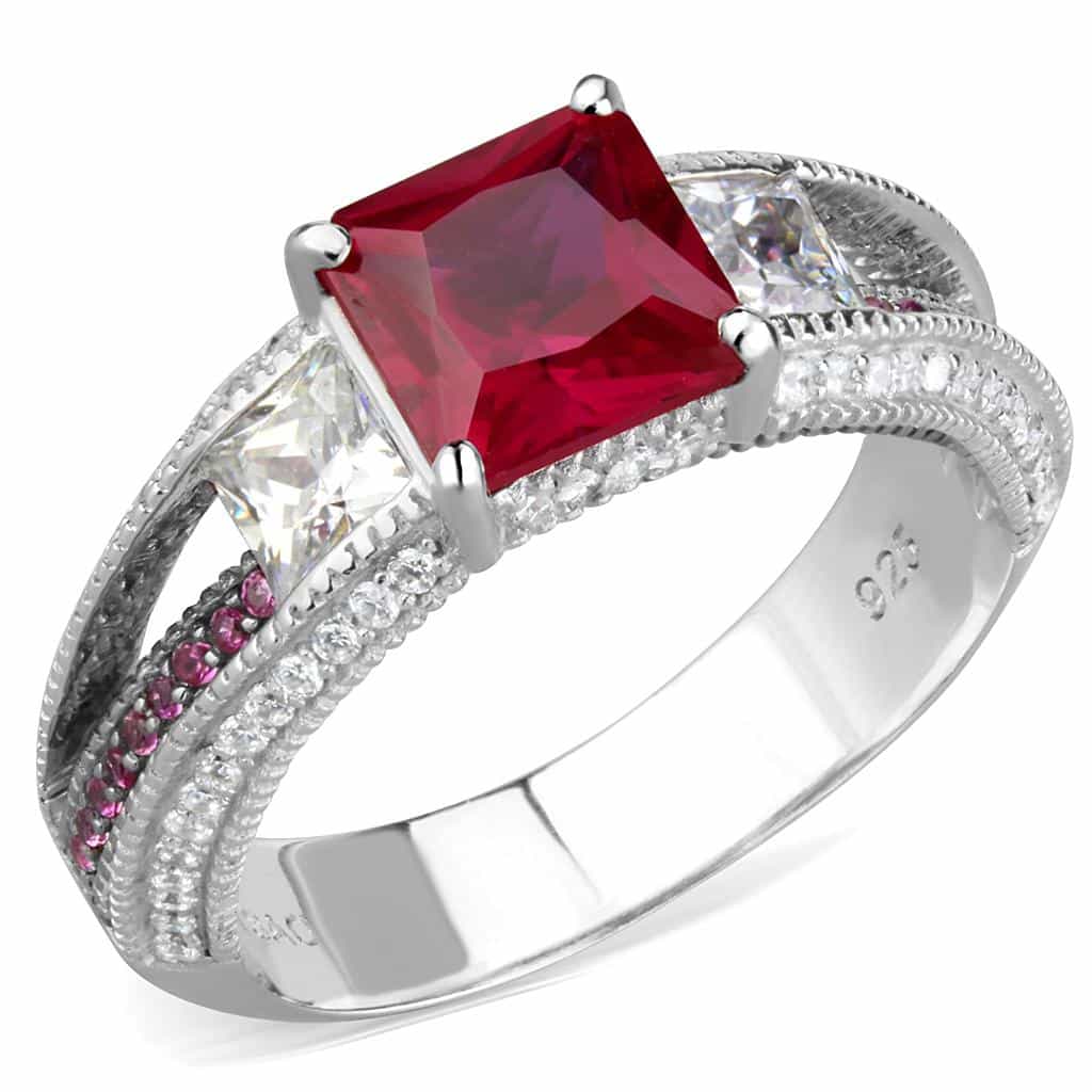 Sterling Silver Ruby Princess Three Stone Milgrain Pave Ring view 10