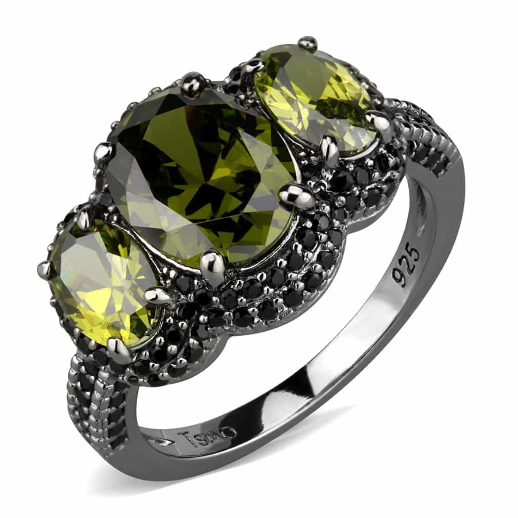 Sterling Silver Olive Green CZ Cushion Black Halo Ring view 5