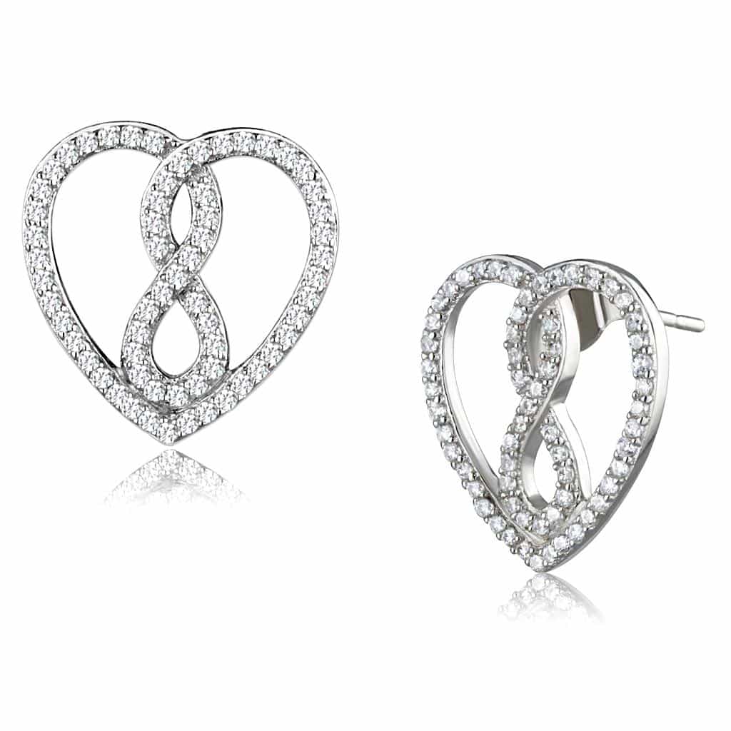 Sterling Silver CZ Pave Heart Infinity Open Stud Earrings view 3