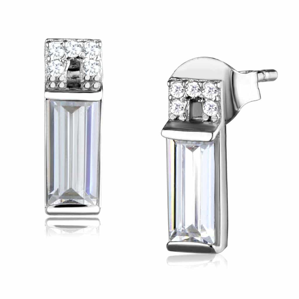 Sterling Silver CZ Baguette Bar Rectangle Stud Earrings view 3