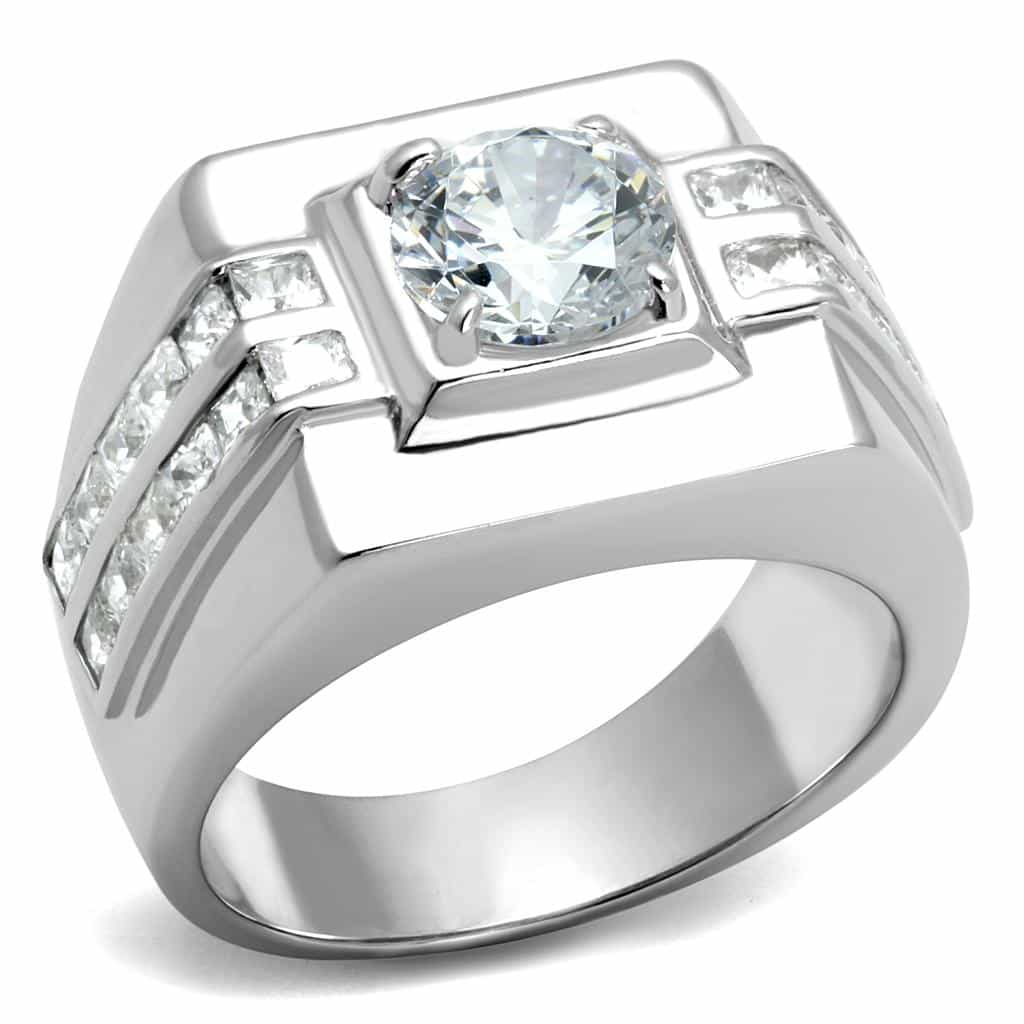 Sterling Silver CZ Round Square Bezel Channel Wide Signet Ring view 5