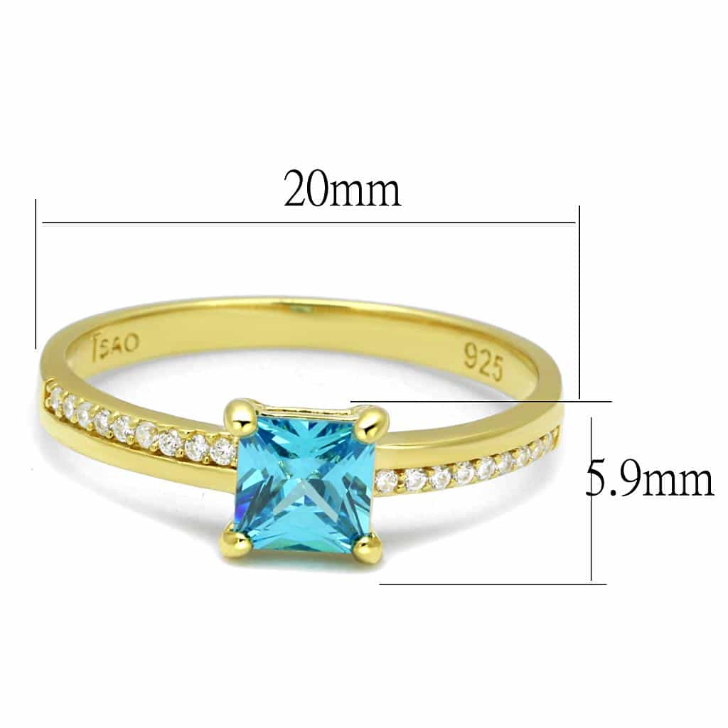 Sterling Silver Gold Two Tone Aqua Blue CZ Princess Ring view 2