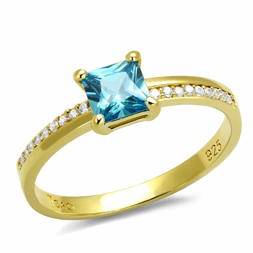 Sterling Silver Gold Two Tone Aqua Blue CZ Princess Ring view 11