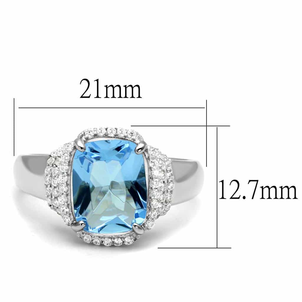 Sterling Silver Aqua CZ Emerald Cut Cushion Halo Pave Ring view 7