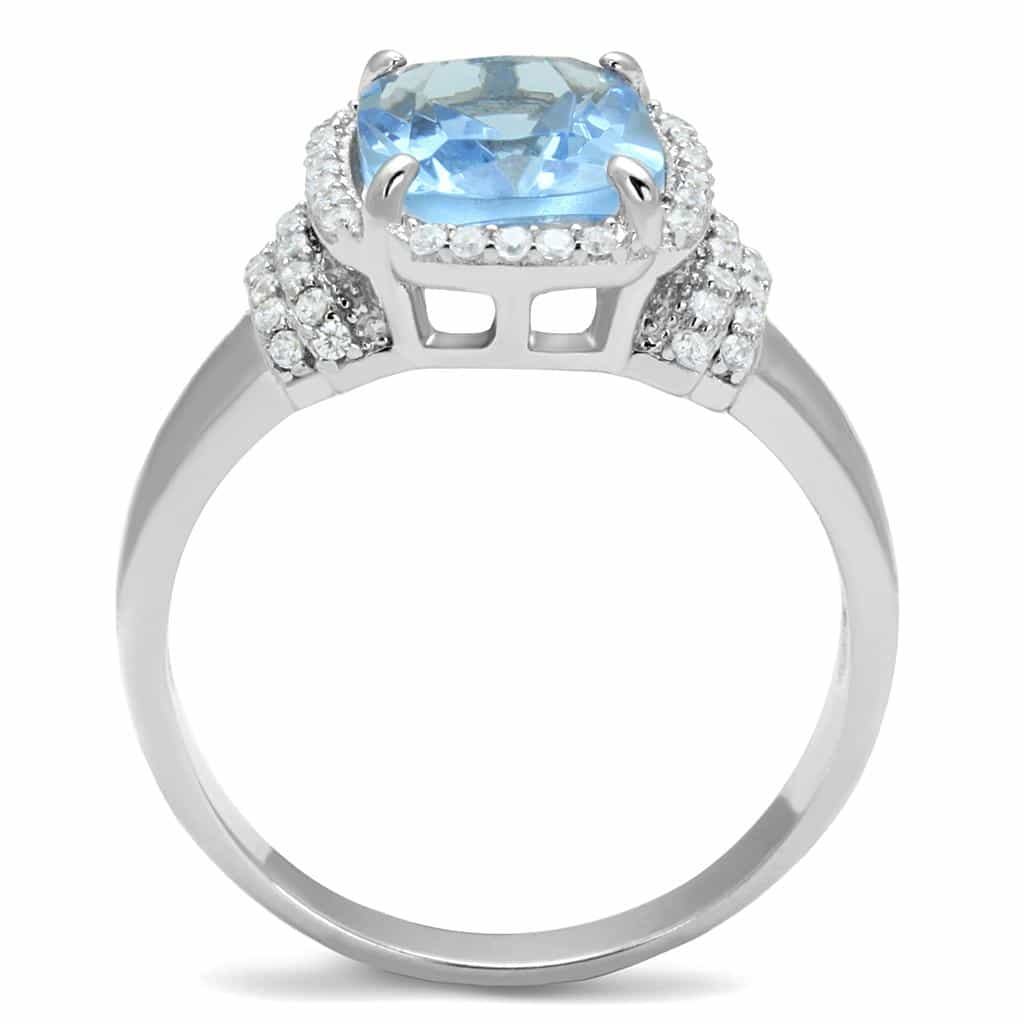 Sterling Silver Aqua CZ Emerald Cut Cushion Halo Pave Ring view 8