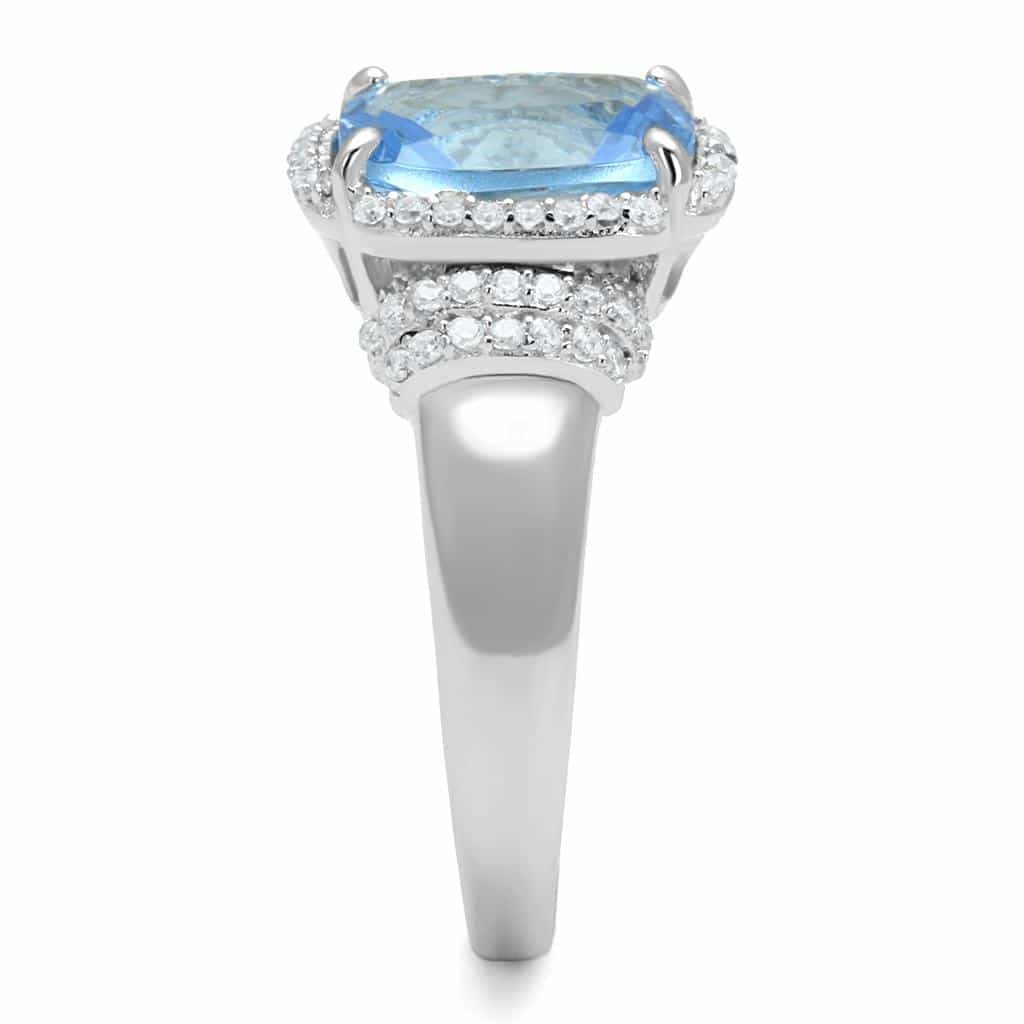 Sterling Silver Aqua CZ Emerald Cut Cushion Halo Pave Ring view 9
