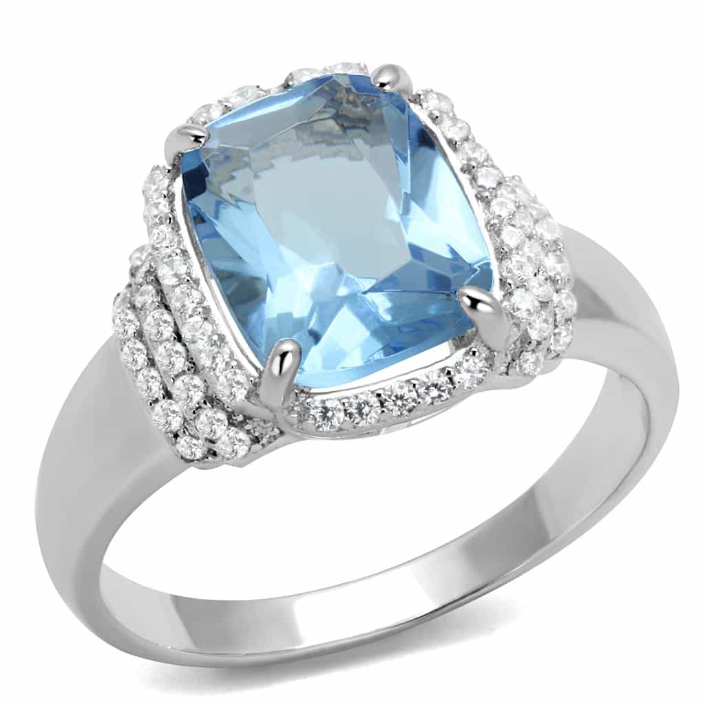 Sterling Silver Aqua CZ Emerald Cut Cushion Halo Pave Ring view 5