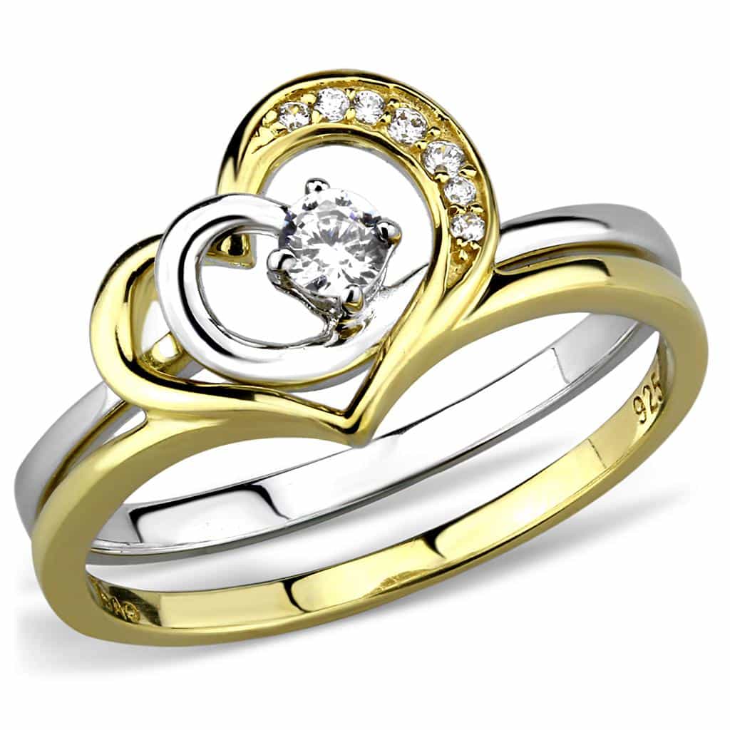 Sterling Silver Gold Two Tone CZ Heart Solitaire Open Ring view 5