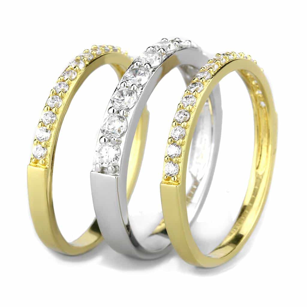 Sterling Silver Gold Two Tone CZ Triple Row Eternity Stack Ring view 4