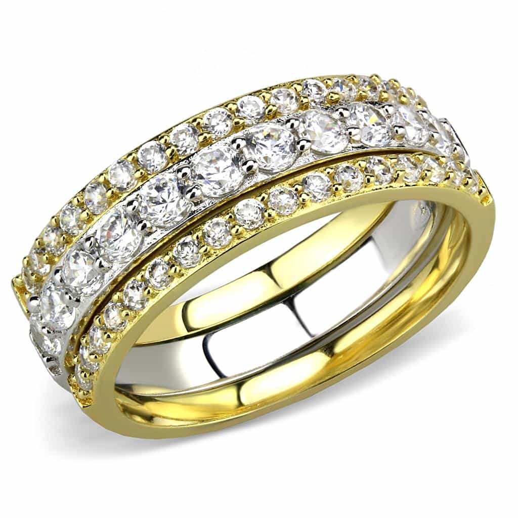 Sterling Silver Gold Two Tone CZ Triple Row Eternity Stack Ring view 5