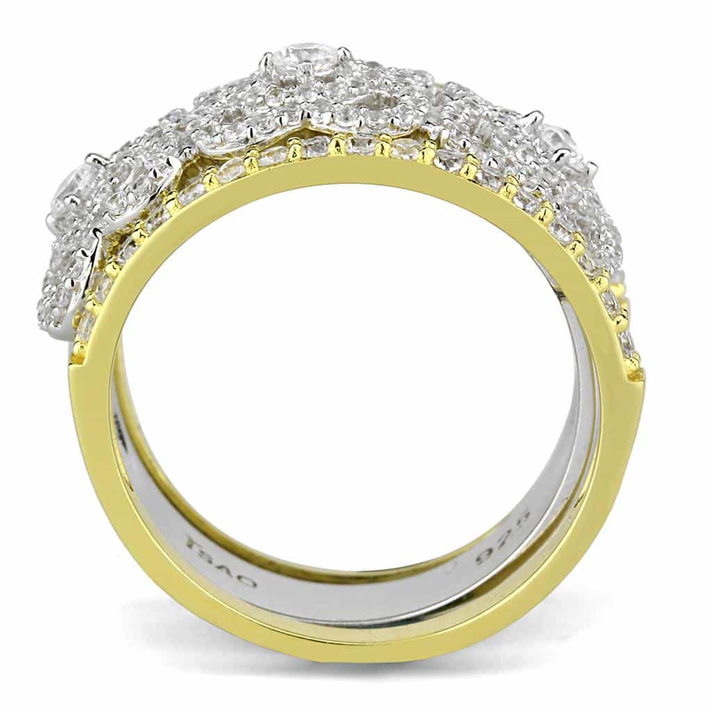 Sterling Silver Gold Two Tone CZ Round Cluster Halo Pave Ring view 3