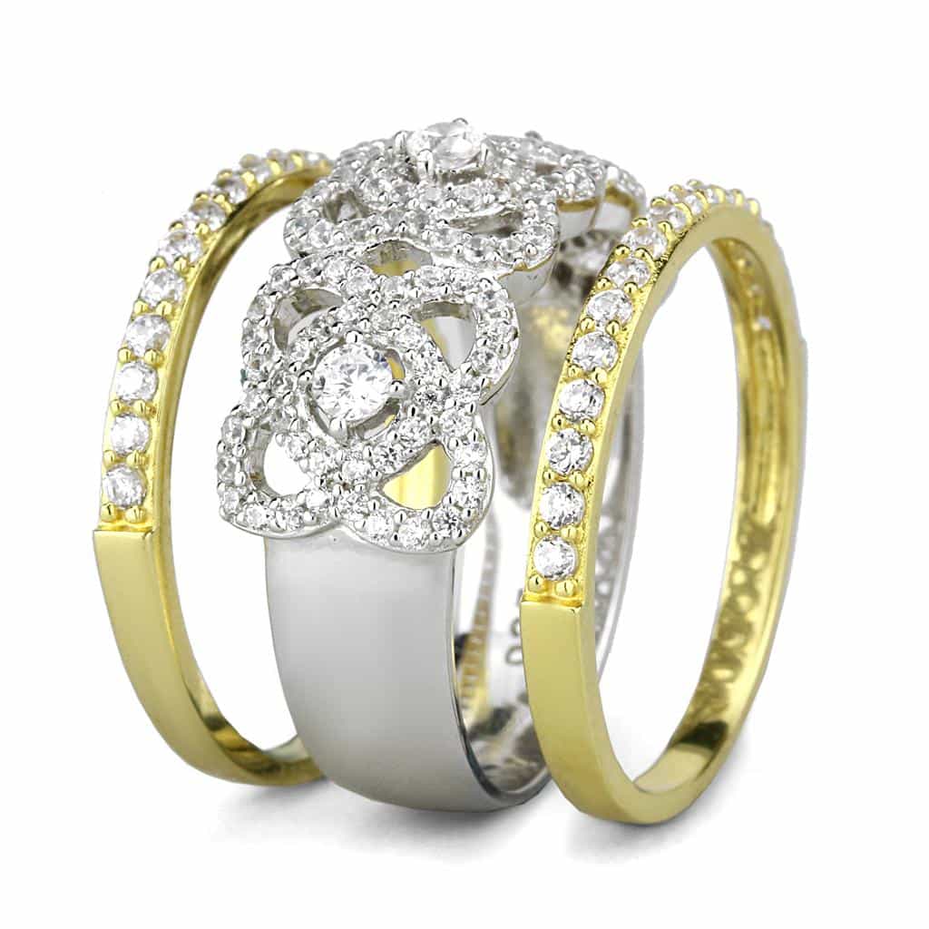 Sterling Silver Gold Two Tone CZ Round Cluster Halo Pave Ring view 4