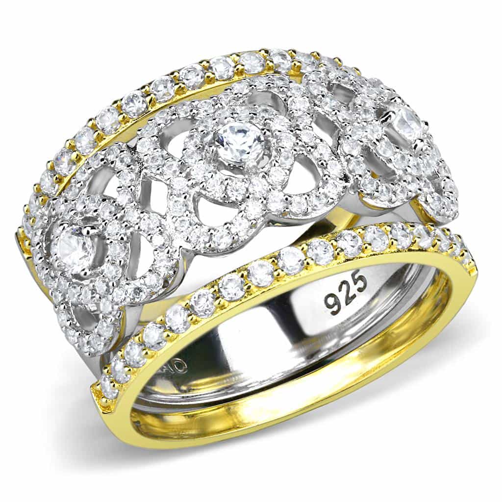 Sterling Silver Gold Two Tone CZ Round Cluster Halo Pave Ring view 5