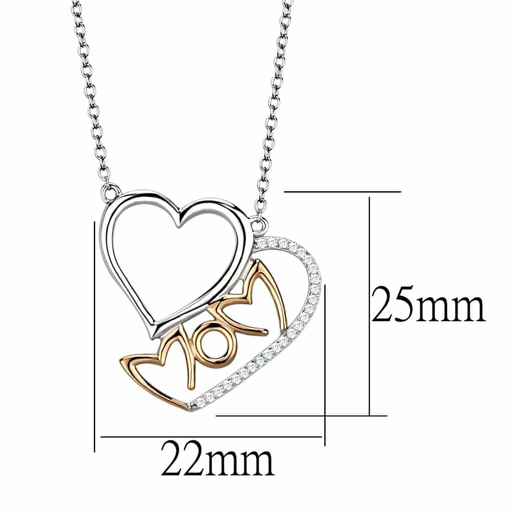 Sterling Silver Rose Gold Two Tone CZ Heart Mom Pendant Necklace view 2