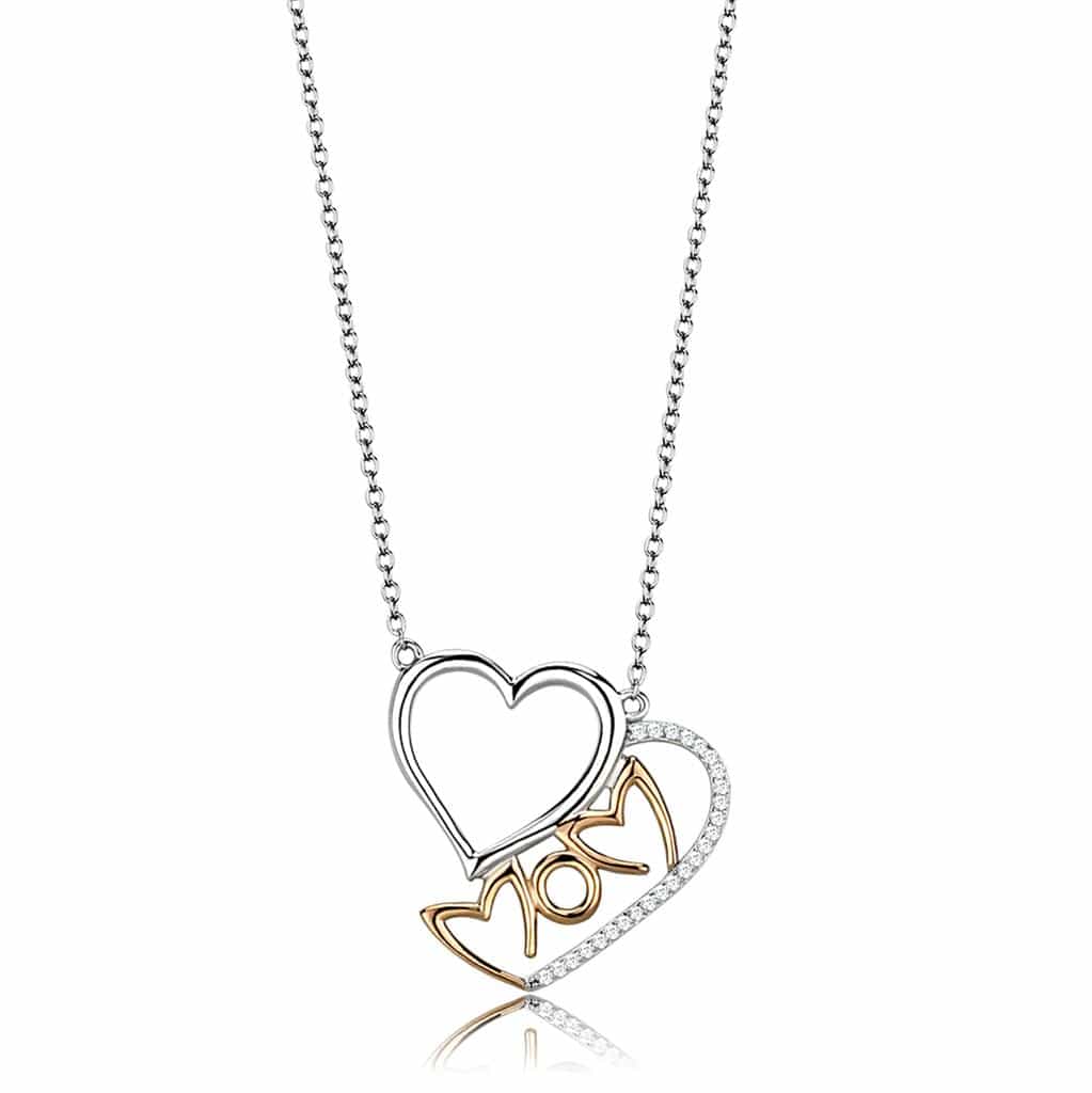 Sterling Silver Rose Gold Two Tone CZ Heart Mom Pendant Necklace view 3