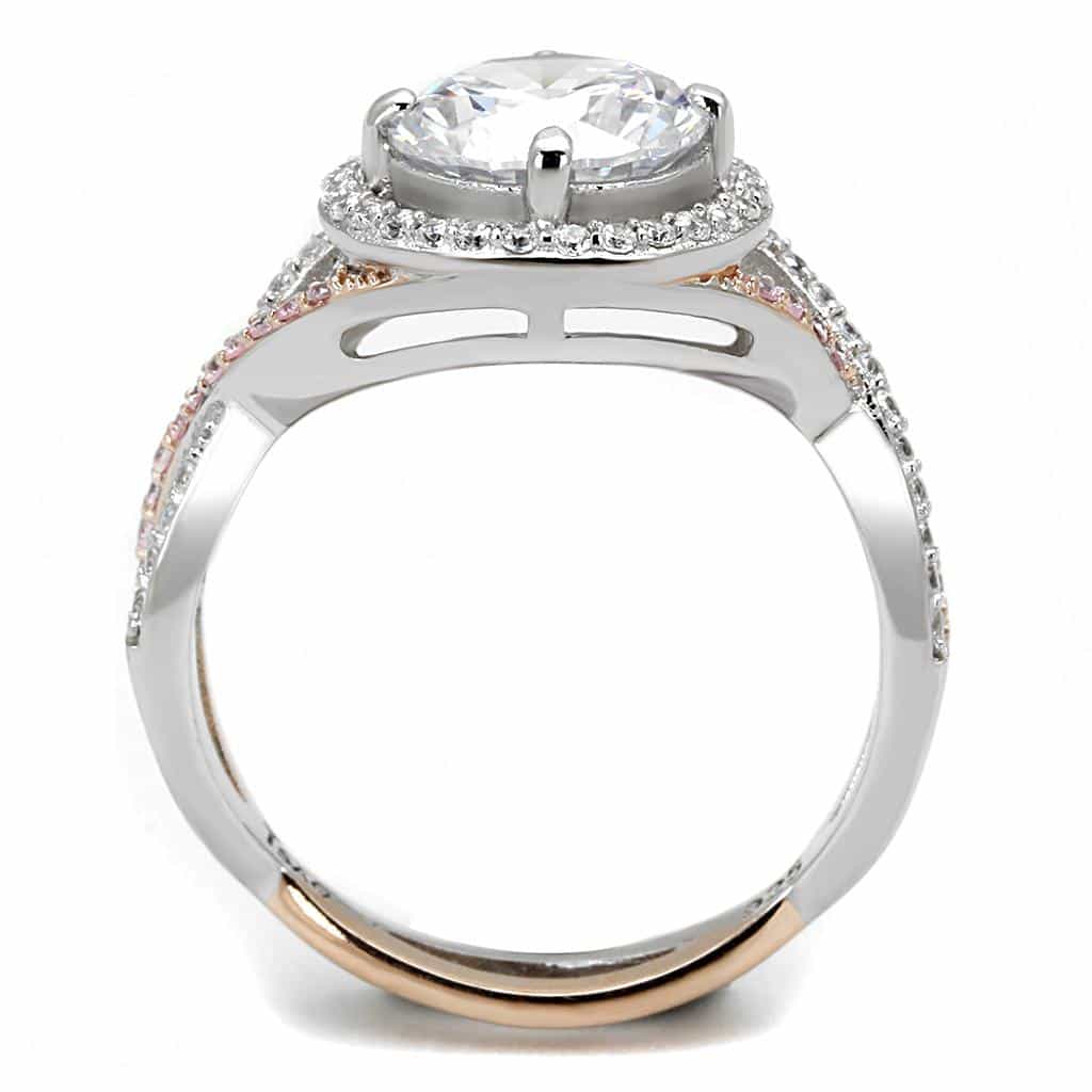 Sterling Silver Rose Gold Two Tone CZ Round Halo Twisted Ring view 9
