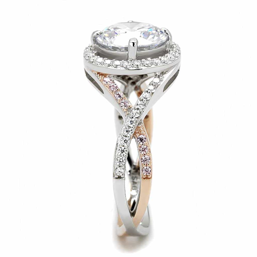 Sterling Silver Rose Gold Two Tone CZ Round Halo Twisted Ring view 10