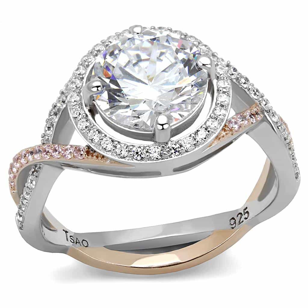 Sterling Silver Rose Gold Two Tone CZ Round Halo Twisted Ring view 11