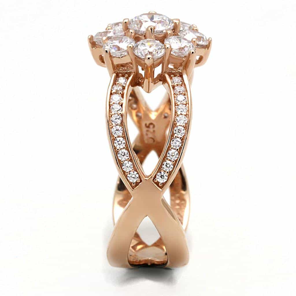 Sterling Silver Rose Gold Two Tone CZ Round Flower Cluster Ring view 9